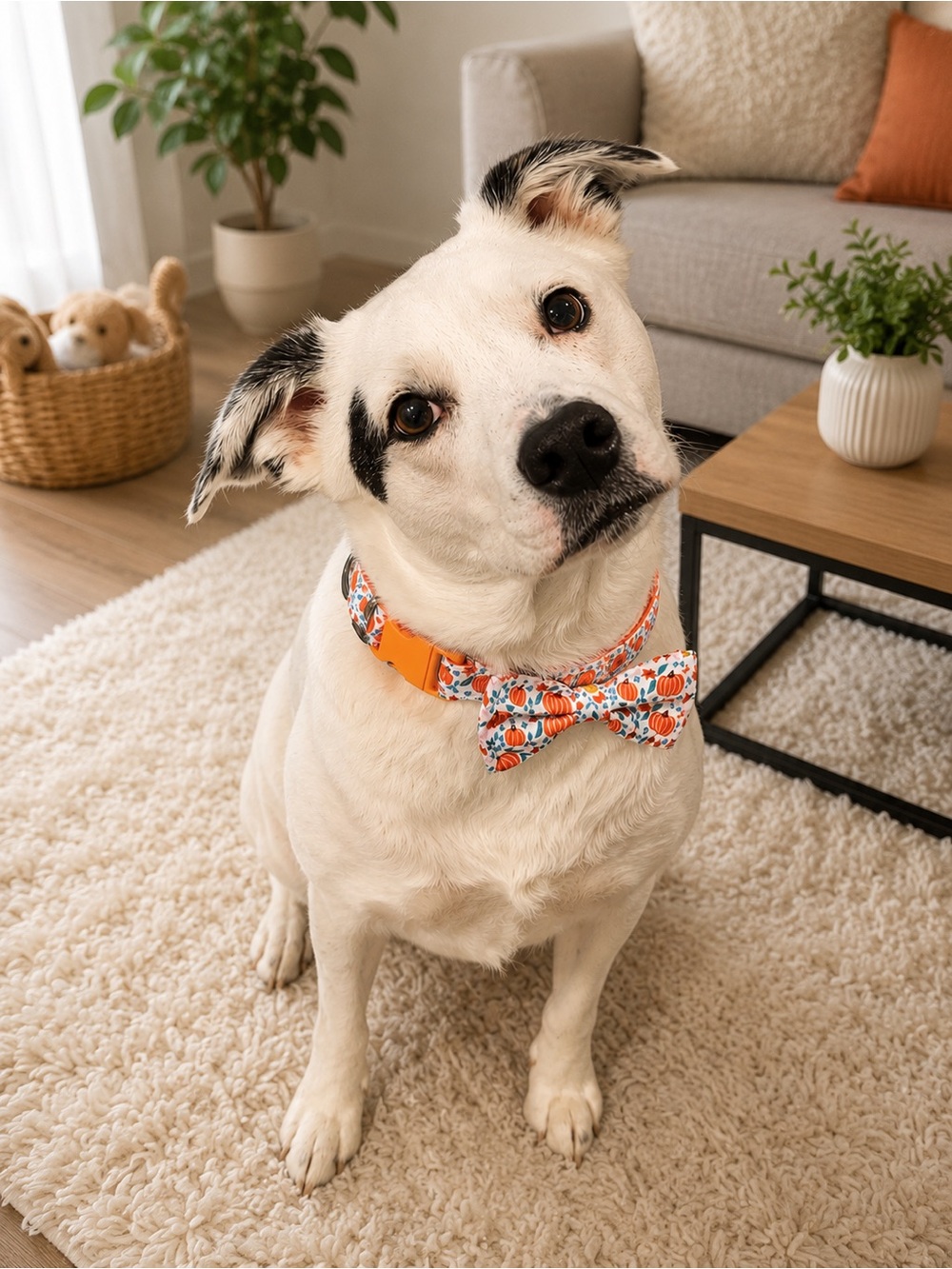 Pumpkin Print Pet Collar with Bow Tie - Orange & White